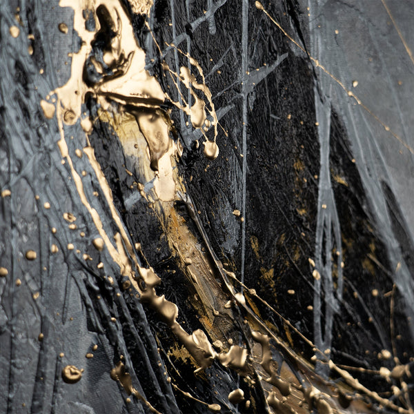 Handgemaltes Wandbild „Goldener Strich" – dynamische Abstraktion in Gold, Schwarz und Grau