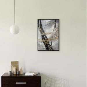 Abstraktes Acrylbild „Goldener Strich" im modernen Wohnzimmer – dynamische Wanddeko in Gold und Schwarz