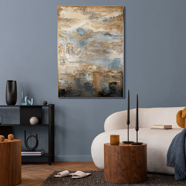 Modern abstract wall art in blue and gold for contemporary living room decor