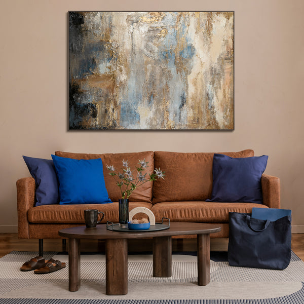 Modern abstract wall art in blue and gold for contemporary living room decor