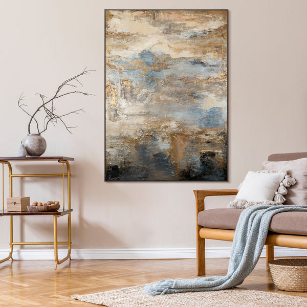 Modern living room decorated with large abstract painting on canvas