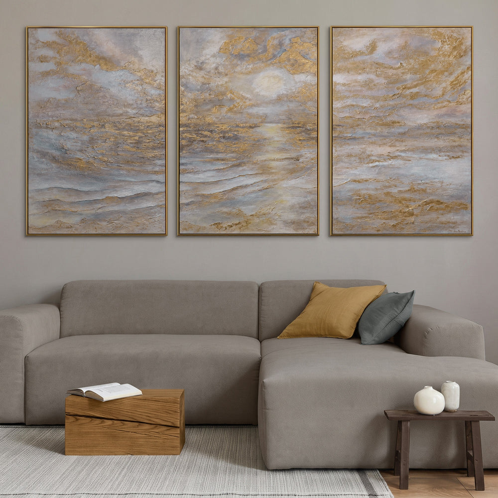 Wandbilder Wohnzimmer überm Sofa – Triptychon abstrakt mit goldener Landschaft und Mondlicht-Motiv