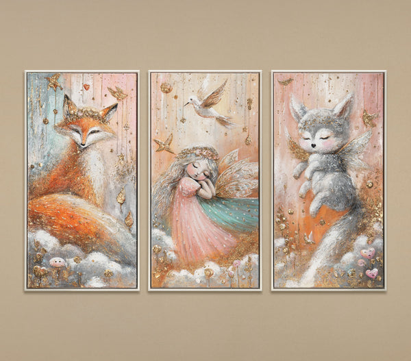 Nursery triptych painting woodland creatures "Magical World"