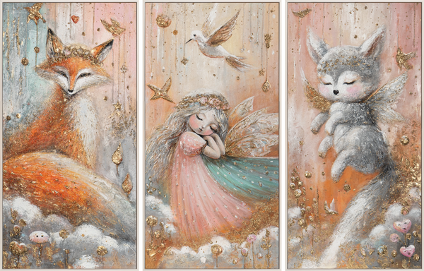 Hand-Painted Canvas Wall Art – Enchanted Forest Triptych for Kids Room Decor 120x80 cm

