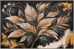 Hand-Painted Canvas „Golden Leaves“ – Modern Wall Art on Black Background