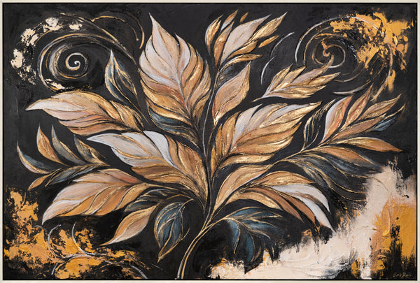 Hand-Painted Canvas „Golden Leaves“ – Modern Wall Art on Black Background
