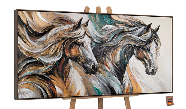 Acrylbild Pferde auf Staffelei – modernes Pferdemotiv in Grau-Gold