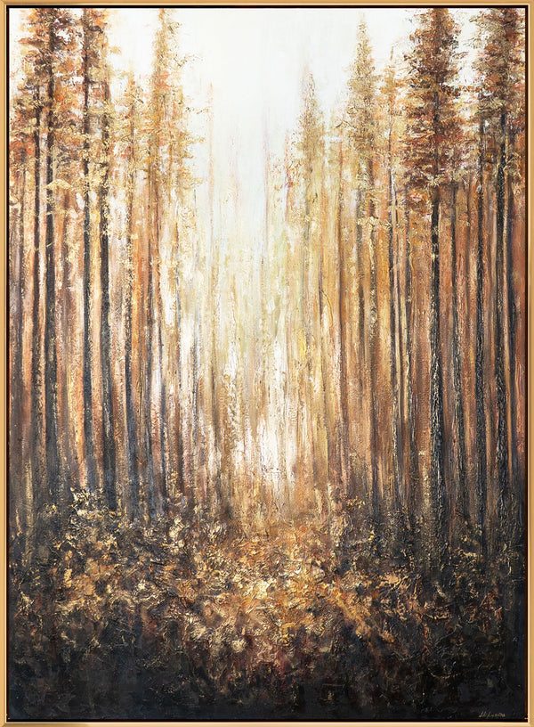 Hand-painted Acrylic Painting with Frame "Golden Forest" – Wall Decoration for Living Spaces