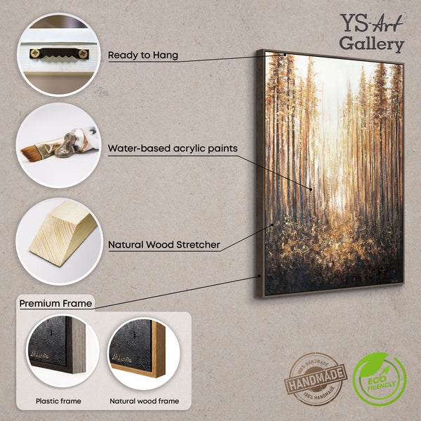 Framed Vertical Wall Art Abstract Landscape Painting Golden Forest — Silent Path
