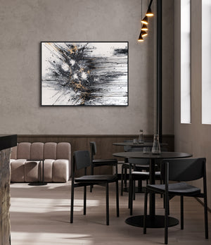 Framed Black and Gold Wall Art Vertical Abstract Composition — Rising Silence