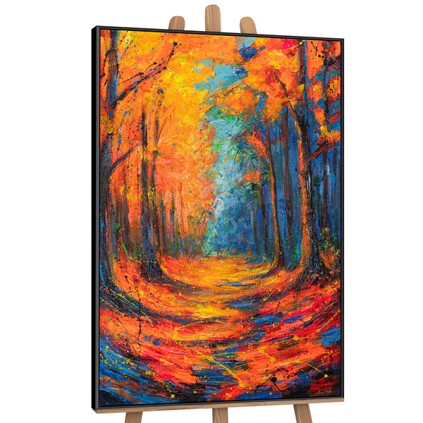 Canvas Wall Art with Frame „Glowing Paths in Autumn Forest“ – Hand-painted with Texture
