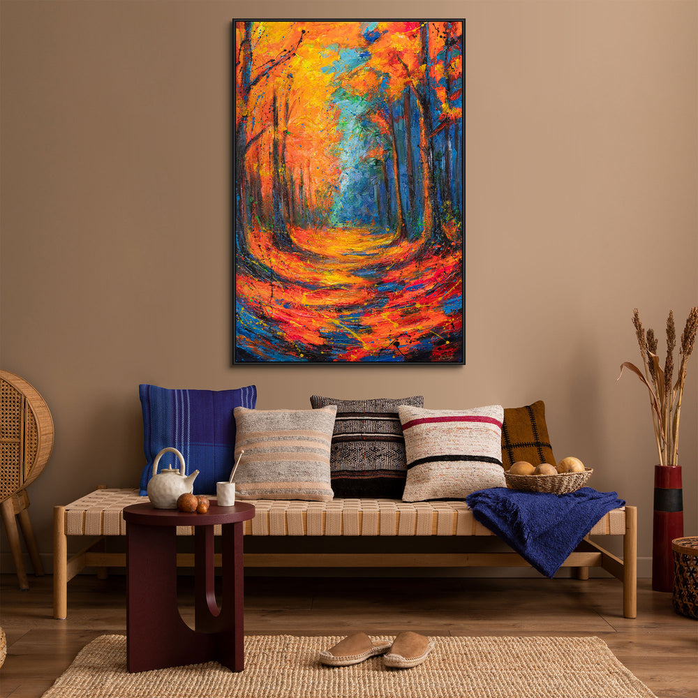 Framed Abstract Wall Art Forest Path with Warm Colour Depth — Autumn Passage
