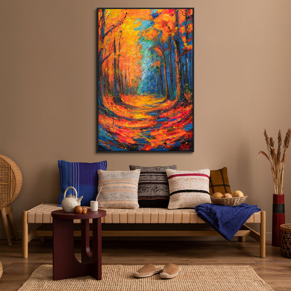Canvas Wall Art with Frame „Glowing Paths in Autumn Forest“ – Hand-painted with Texture
