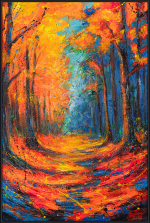 Canvas Wall Art with Frame „Glowing Paths in Autumn Forest“ – Hand-painted with Texture
