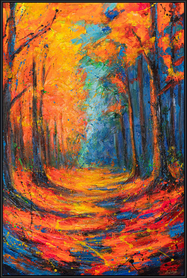 Canvas Wall Art with Frame „Glowing Paths in Autumn Forest“ – Hand-painted with Texture
