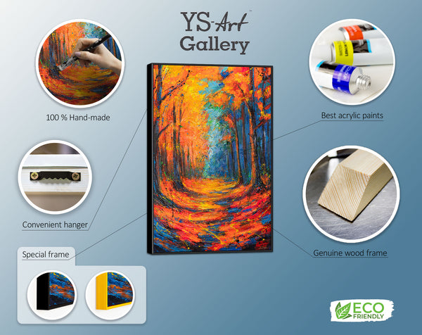 Canvas Wall Art with Frame „Glowing Paths in Autumn Forest“ – Hand-painted with Texture
