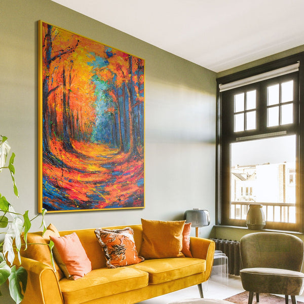 Canvas Wall Art with Frame „Glowing Paths in Autumn Forest“ – Hand-painted with Texture
