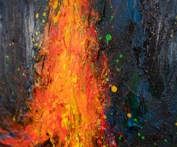 Canvas Wall Art with Frame „Fire Sparks“ – Hand-painted Night Landscape
