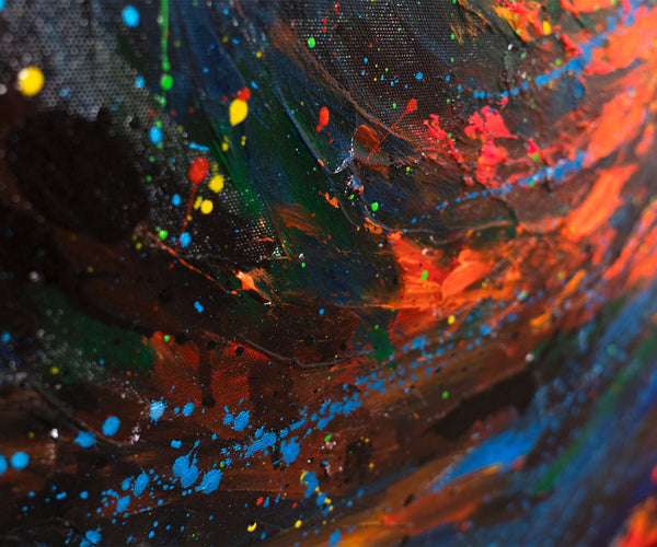 Canvas Wall Art with Frame „Fire Sparks“ – Hand-painted Night Landscape

