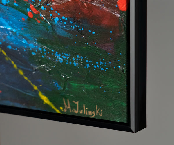 Canvas Wall Art with Frame „Fire Sparks“ – Hand-painted Night Landscape
