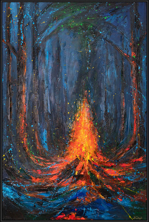 Canvas Wall Art with Frame „Fire Sparks“ – Hand-painted Night Landscape
