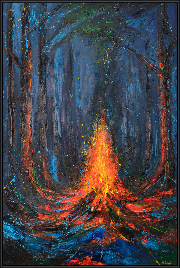 Canvas Wall Art with Frame „Fire Sparks“ – Hand-painted Night Landscape
