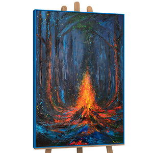 Canvas Wall Art with Frame „Fire Sparks“ – Hand-painted Night Landscape
