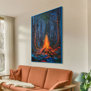 Canvas Wall Art with Frame „Fire Sparks“ – Hand-painted Night Landscape
