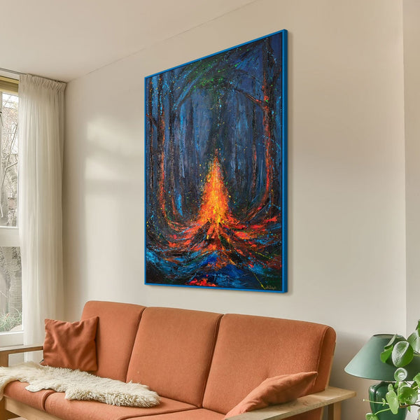 Canvas Wall Art with Frame „Fire Sparks“ – Hand-painted Night Landscape

