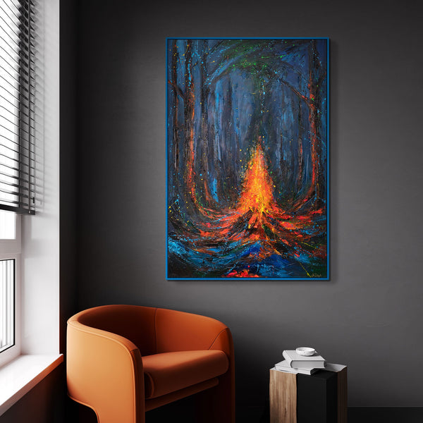 Canvas Wall Art with Frame „Fire Sparks“ – Hand-painted Night Landscape
