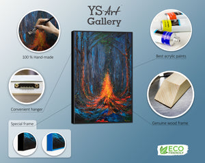 Canvas Wall Art with Frame „Fire Sparks“ – Hand-painted Night Landscape
