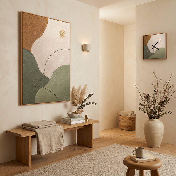 Unique Hand-Painted Wall Clock – Abstract Landscape, Olive, Ochre & Beige, 35×35 cm