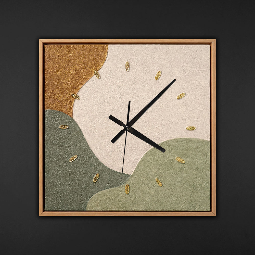 Unique Hand-Painted Wall Clock – Abstract Landscape, Olive, Ochre & Beige, 35×35 cm