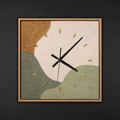 Unique Hand-Painted Wall Clock – Abstract Landscape, Olive, Ochre & Beige, 35×35 cm