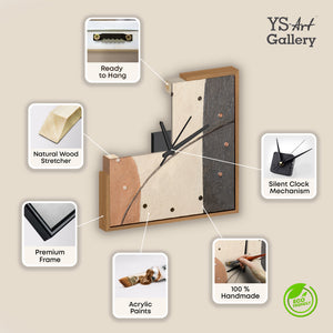 Unique Hand-Painted Wall Clock – White & Gold Flowing Abstract, Wood Frame, 35×35 cm