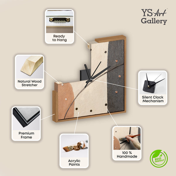 Unique Hand-Painted Wall Clock – White & Gold Flowing Abstract, Wood Frame, 35×35 cm