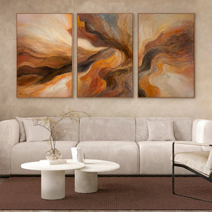 „Blitz der Ewigkeit“ – abstraktes Triptychon in Braun und Orange