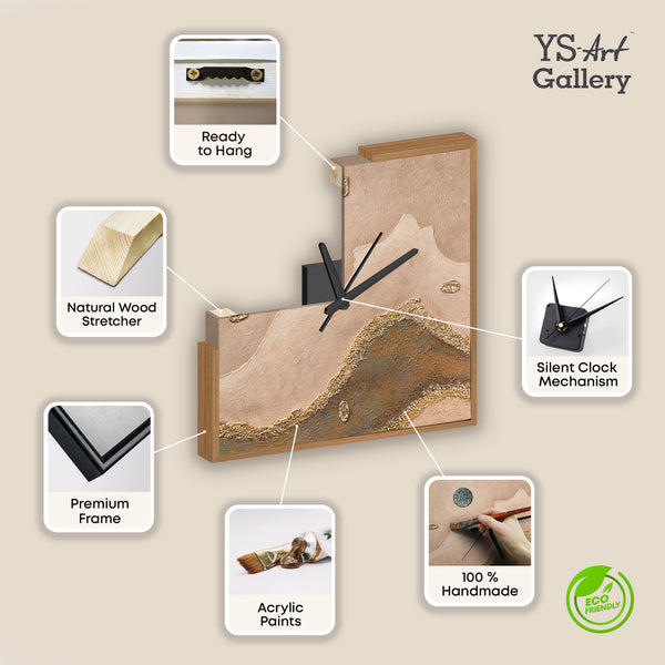 Unique Hand-Painted Wall Clock – Desert Landscape Sand, Brown & Gold, 35×35 cm