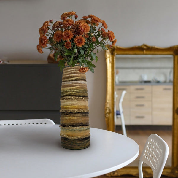 Porzellanvase handbemalt in Ocker und Petrol, 30,5 cm