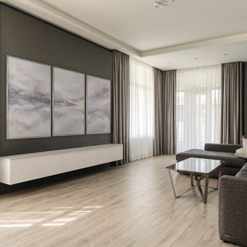 Wandbild 3-teilig Wohnzimmer in hellen Tönen – Triptychon abstrakt in Weiß, Grau und Silber