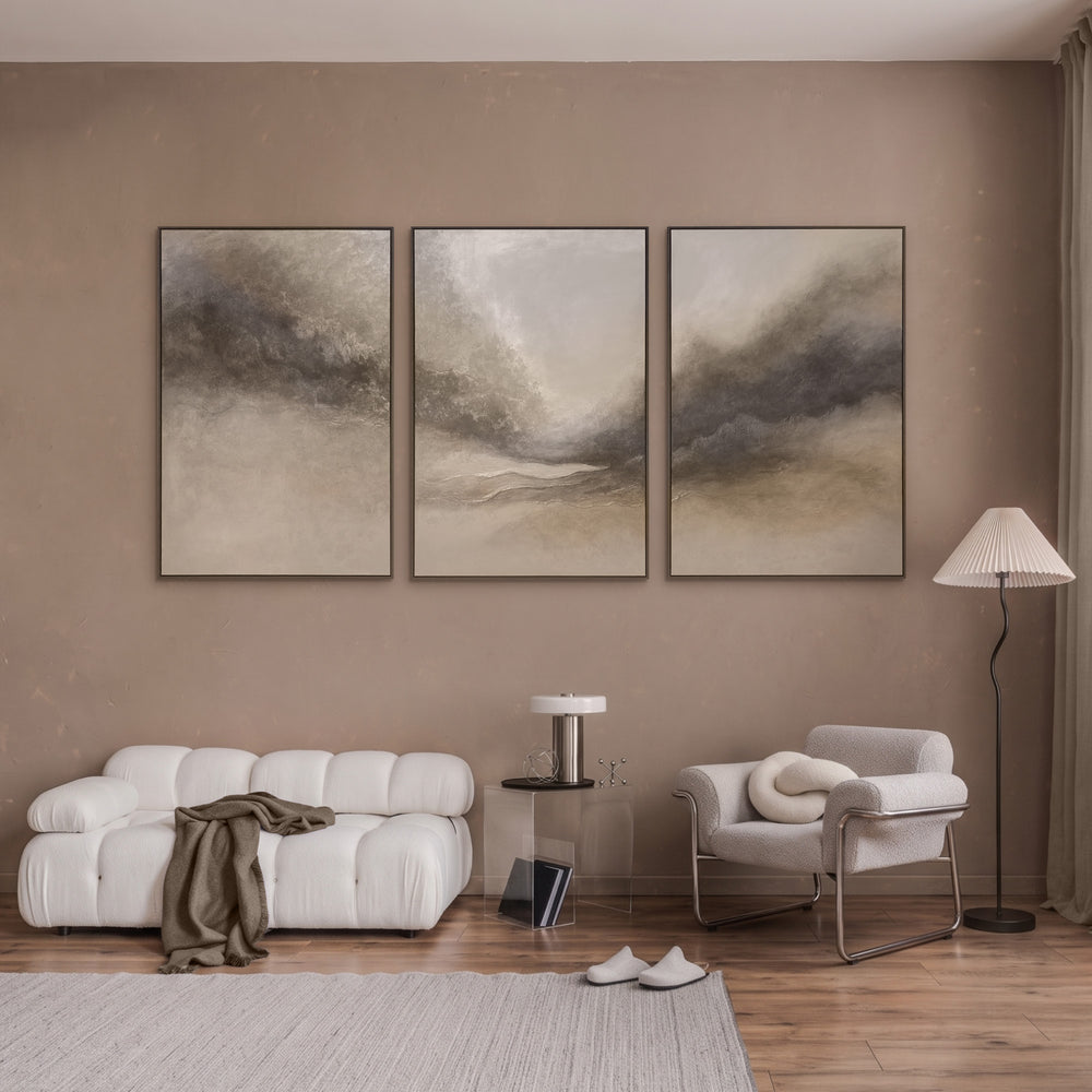 Wandbild 3-teilig Wohnzimmer in Beige und Grau – Triptychon abstrakte Landschaft über dem Sofa