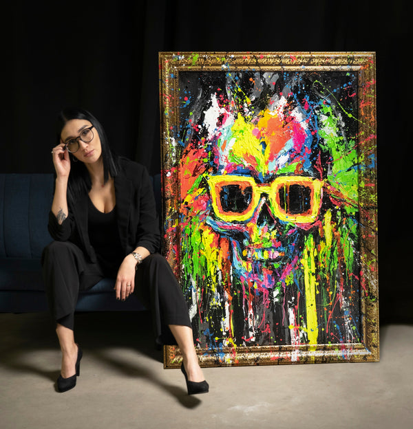 Original abstract painting with skull in frame for home decor "Neon Splashes"