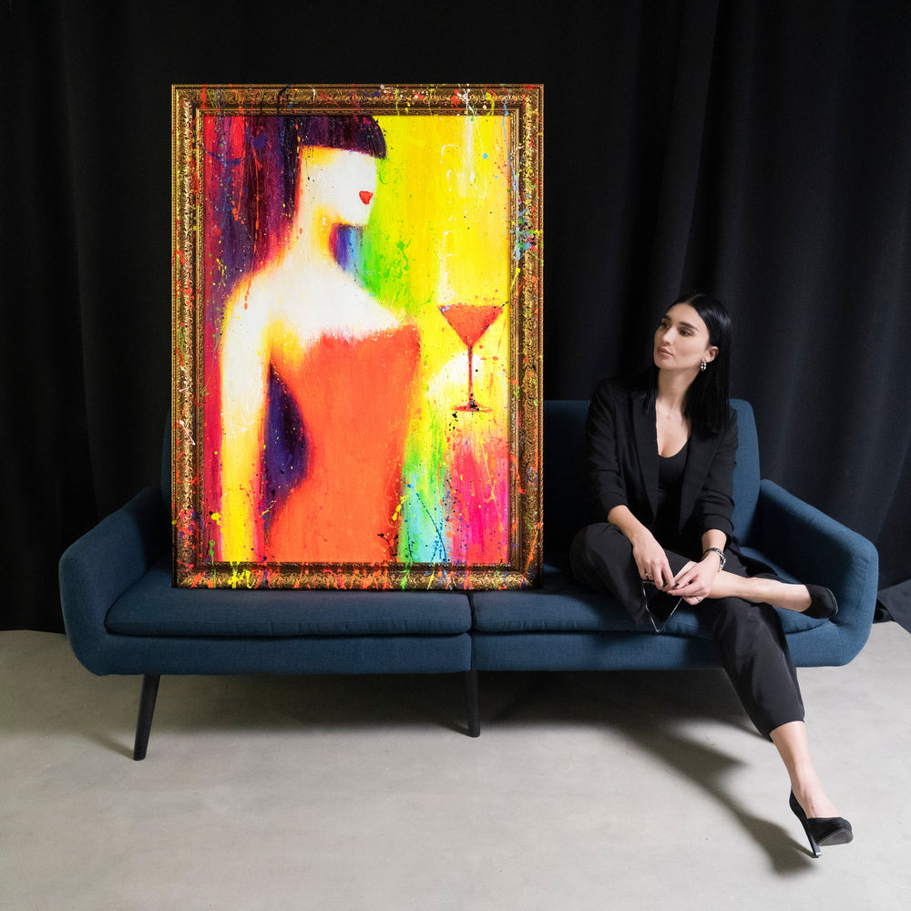 Abstract painting on canvas with frame Abstract colorful picture “The Woman with the Glass”