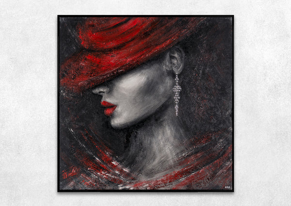 Hand-painted portrait art on canvas with red accents "Style"