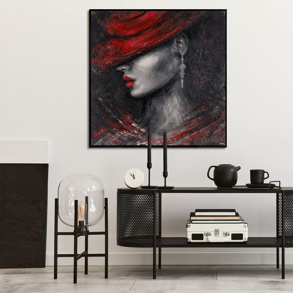 Hand-painted portrait art on canvas with red accents "Style"