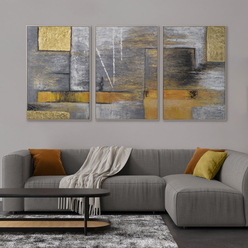 Wandbild 3-teilig Wohnzimmer abstrakt – Triptychon mit Rahmen über dem Sofa