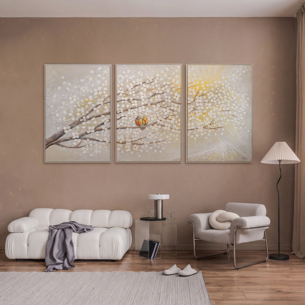 Triptychon „Sonnenaufgang" – Handgemaltes Vogelbild mit Blüten auf Leinwand