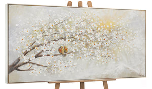 Framed White Blossom Tree Canvas Wall Art with Birds – Textured Neutral Floral Painting – Dawn