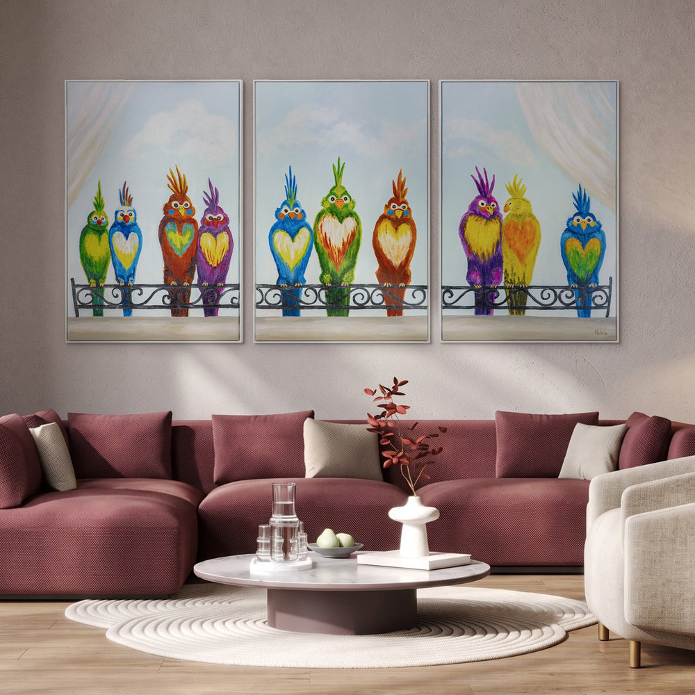 Colourful Bird Wall Art in Bright Rainbow Tones – "Lovebirds on the Railing"