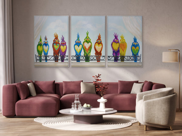 Large Animal Wall Art Panorama Canvas Framed – Colourful Birds Ensemble